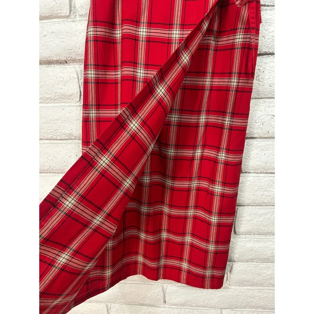 Crazy Horse Liz Claiborne Red Plaid Wrap Midi Skirt Petite 8P‎ Tartan Preppy Tie